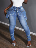 Fashionjeans women's raw edge fake flap pocket pants high waist tight skinny jeans pants with straps elastic silm denim pants