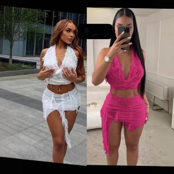 European and American women's clothing   new Spice Girl style solid color neck vest, sexy irregular skirt set