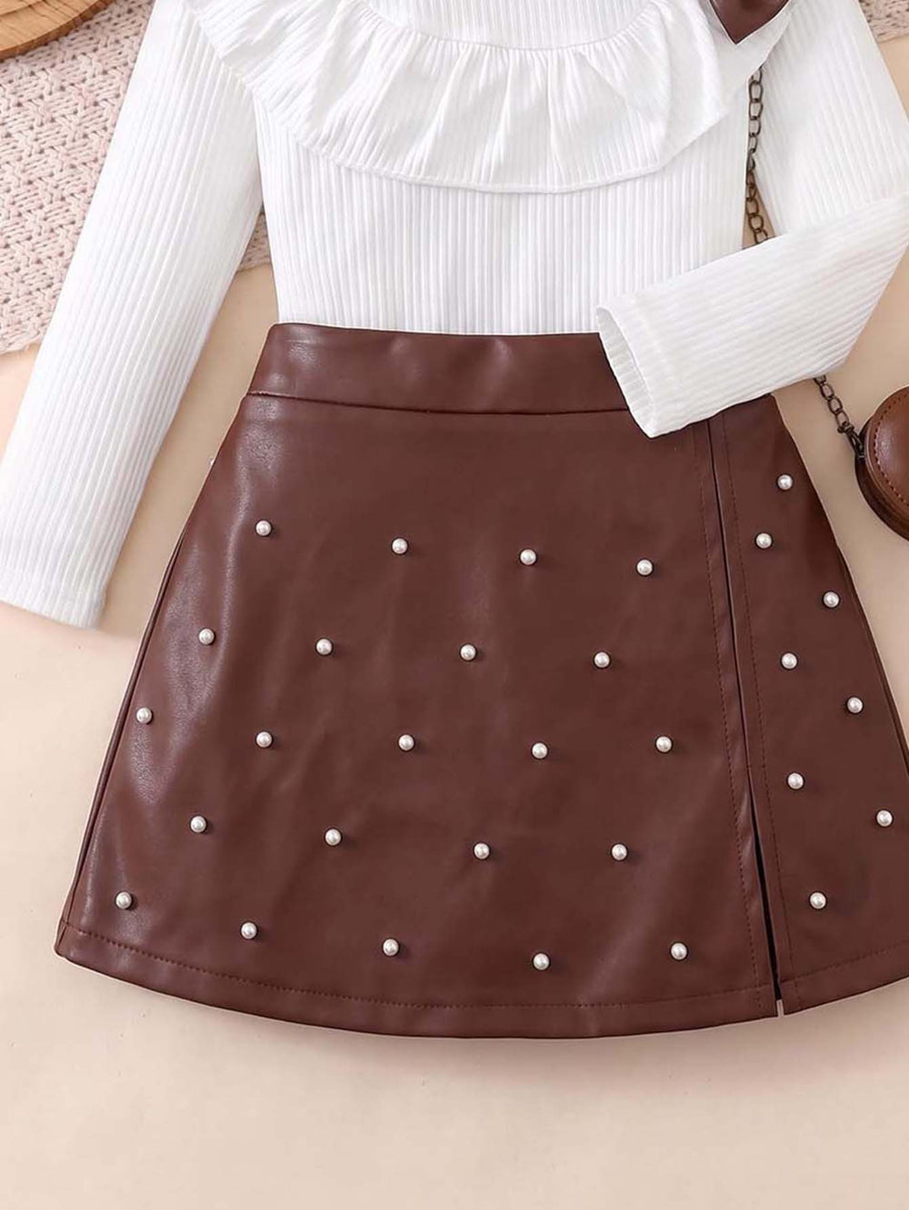 autumn new arrival: textured round neck top with ruffle collar + beaded pu leather skirt two-piece set