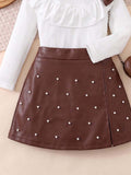 autumn new arrival: textured round neck top with ruffle collar + beaded pu leather skirt two-piece set