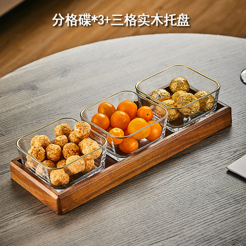 Walnut wood fruit bowl snack storage box - premium glass dried fruit dish - coffee table dessert & candy organizer