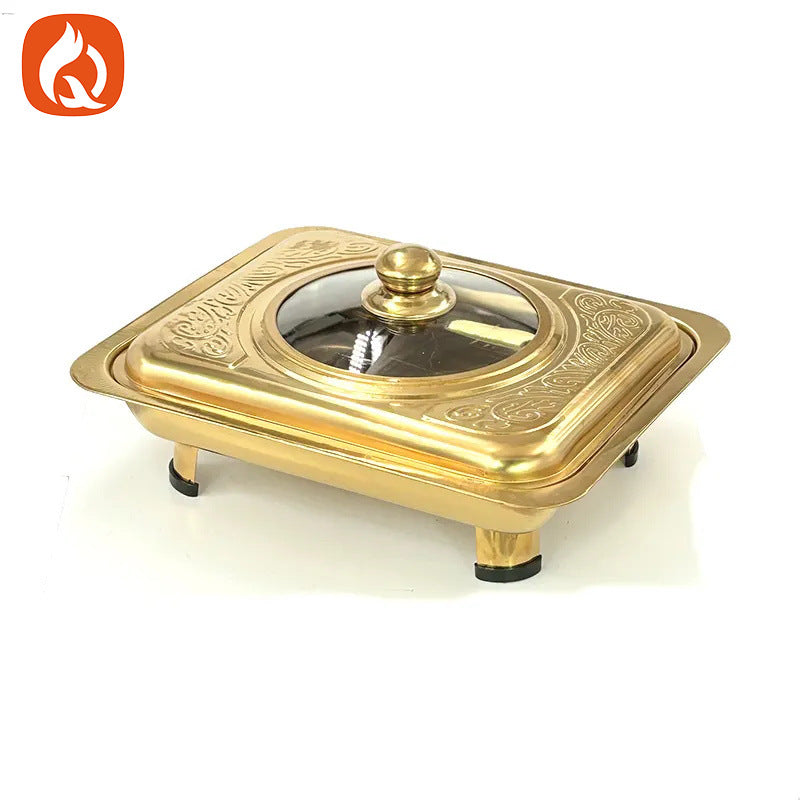 Stainless steel gold four-plate warming tray with printed combination lid - buffet warming cabinet for home, hotel, and restaurant use - wholesale from manufacturer