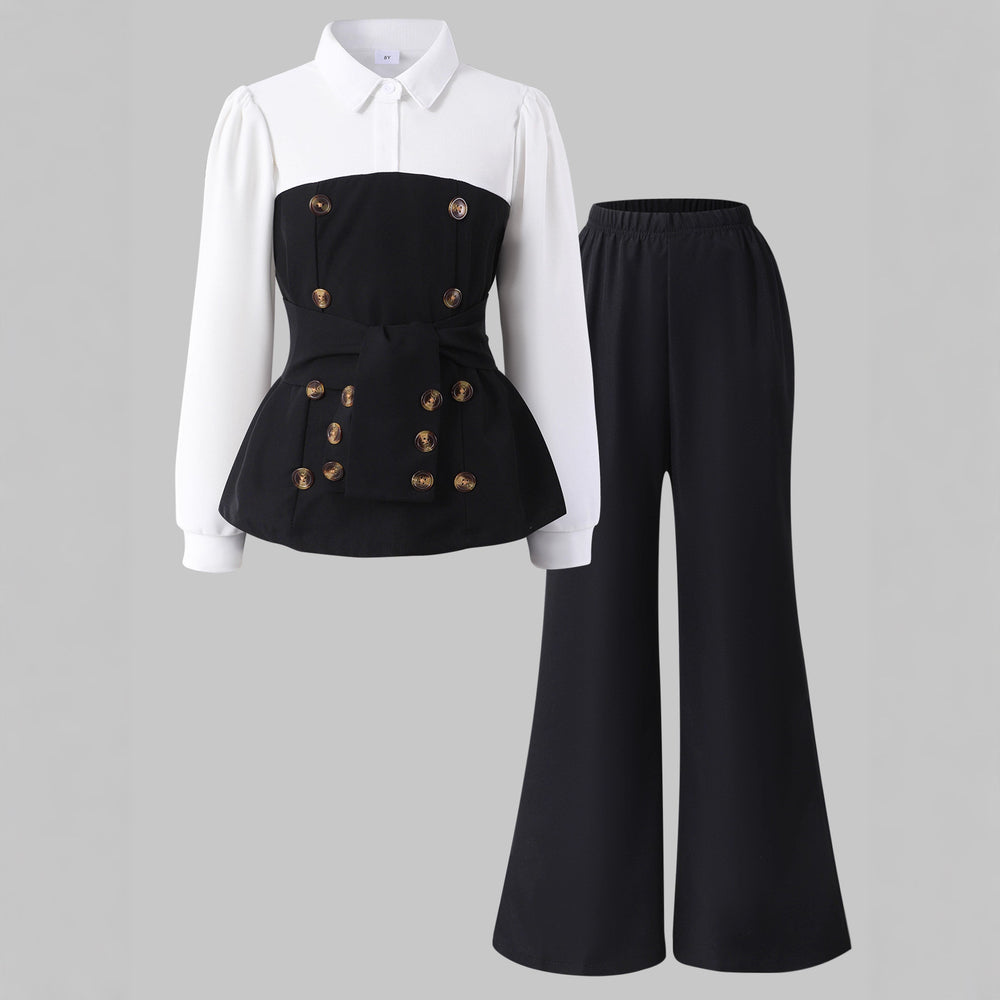 Girls' two-piece outfit: patchwork top + flare pants set