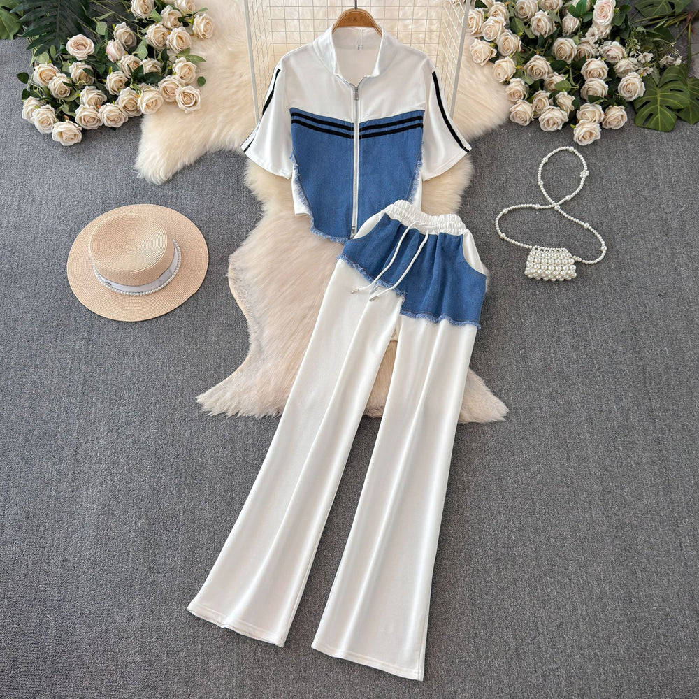 Chic hong kong style women's two-piece set: designer short-sleeve t-shirt with denim patchwork top + high-waisted casual straight-leg pants