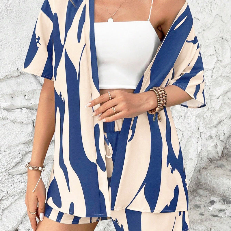 fashion for europe and america:  resort collection - elegant printed two-piece set: shirt & high-waisted shorts (short sleeve)