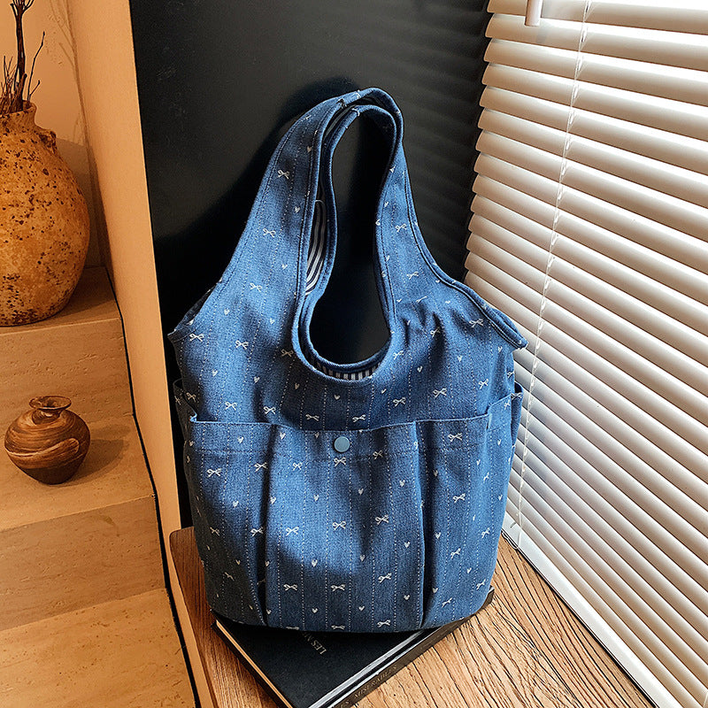 Cross-border casual lazy style denim bag women's 2025 new versatile shoulder bag college student class tote bag