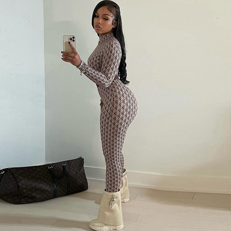 Fashionexport women's fashionprinting street round neck long sleevespants body pants fitness jumpsuit women's one piece dropshipping