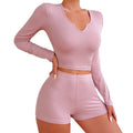 European and american style new women's loungewear set: solid color v-neck long sleeve top and sexy hot shorts two-piece set