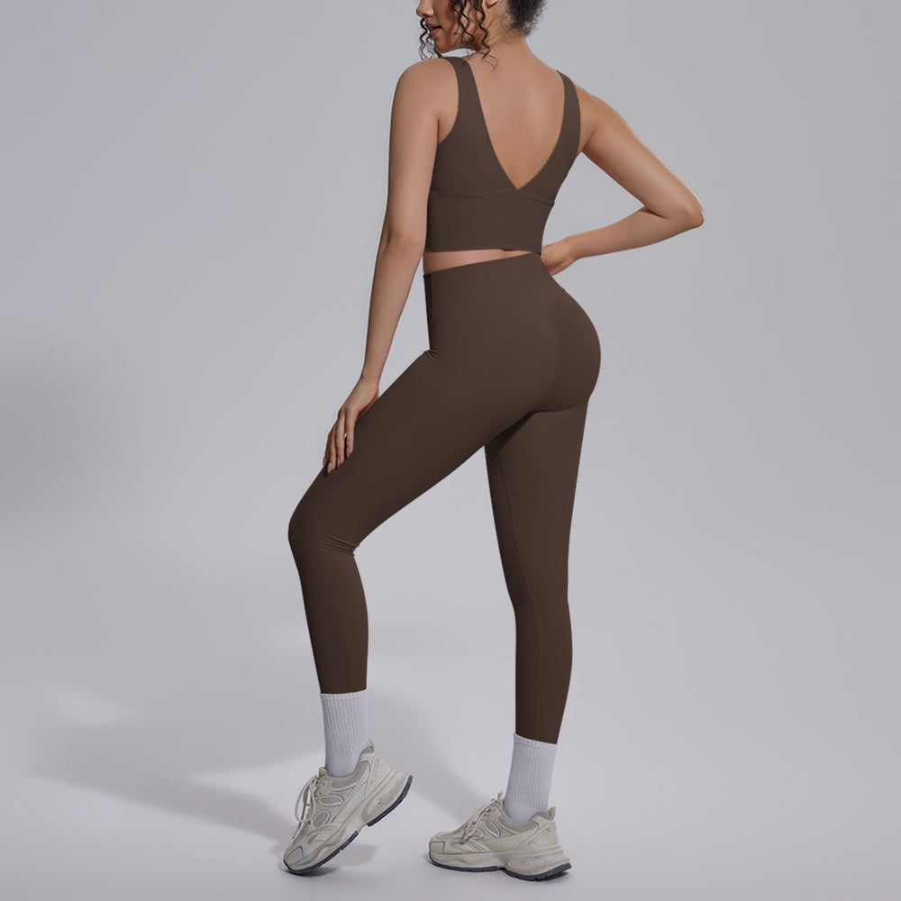 pure color double-sided brocade v-shaped beautiful back breathable tight-fitting yoga suit sports running fitness two-piece set for women