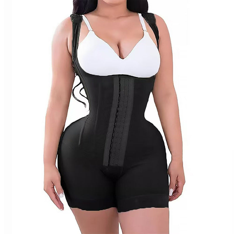 Open steel frame pressurized jumpsuit with buttons and non-slip weight 260 fashion shoulder straps adjustable body shaping garment to lift buttocks and beautify body