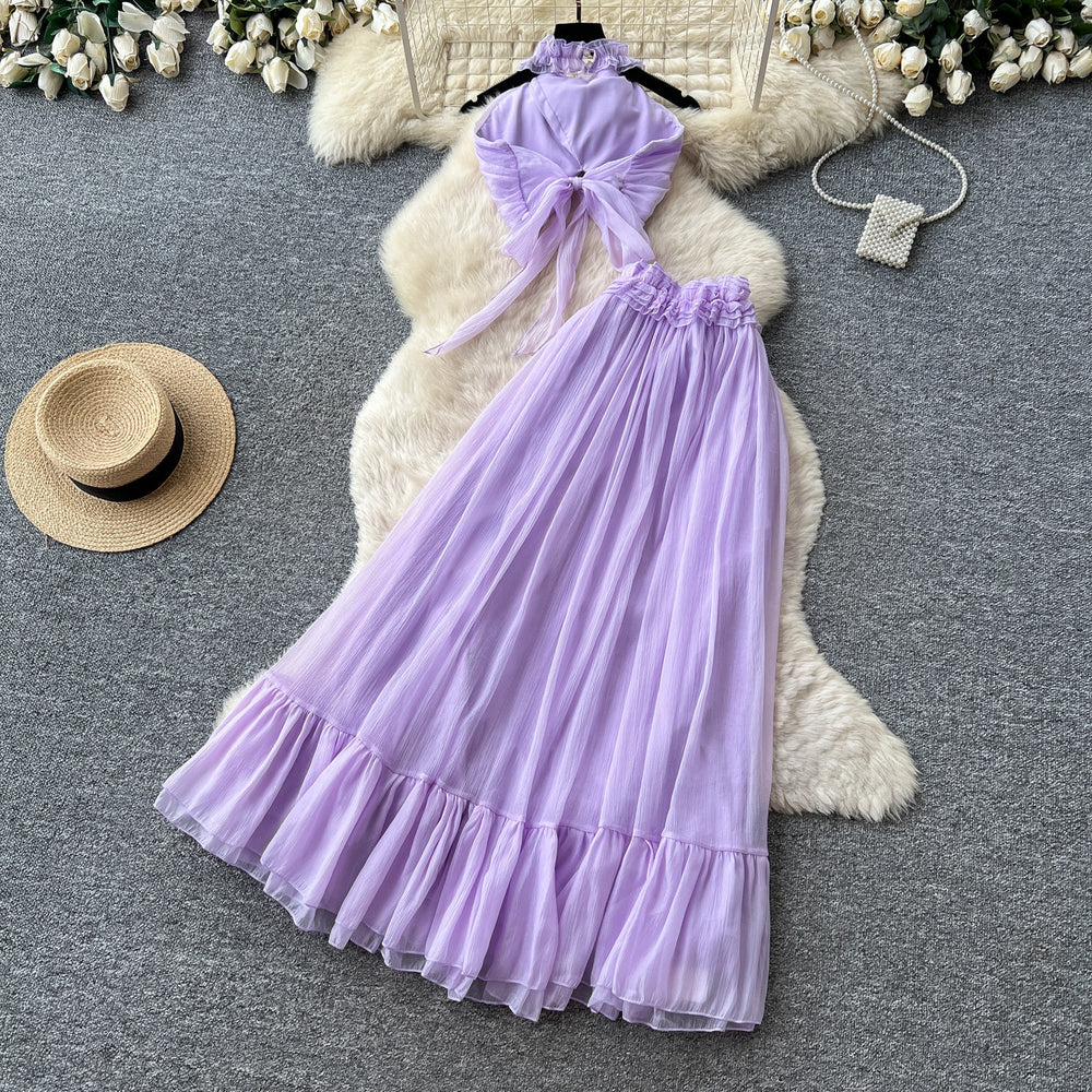 Vacation style halter strap vest high waistruffles long skirt two-piece set female summer age reduction slimming lookelegantsuit
