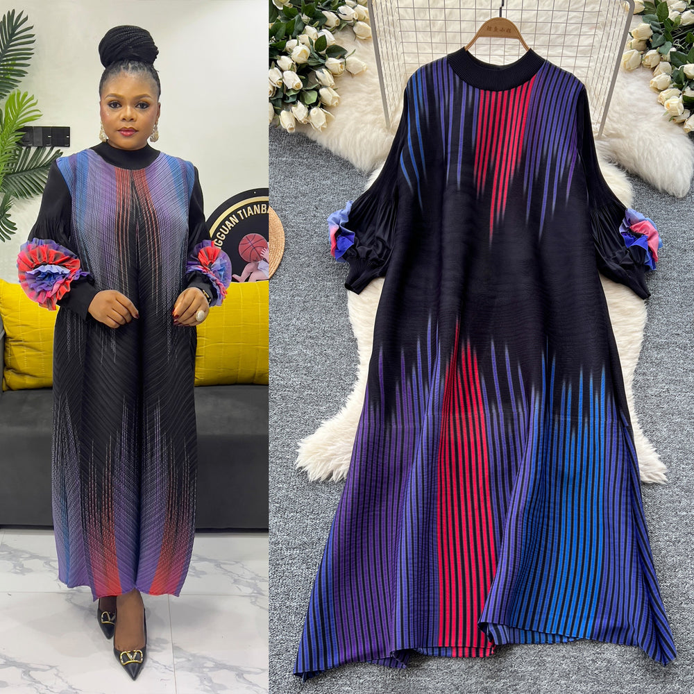 European and american chic gradient print dress - women's loose fit casual 3d floral lantern sleeve pleated maxi dress
