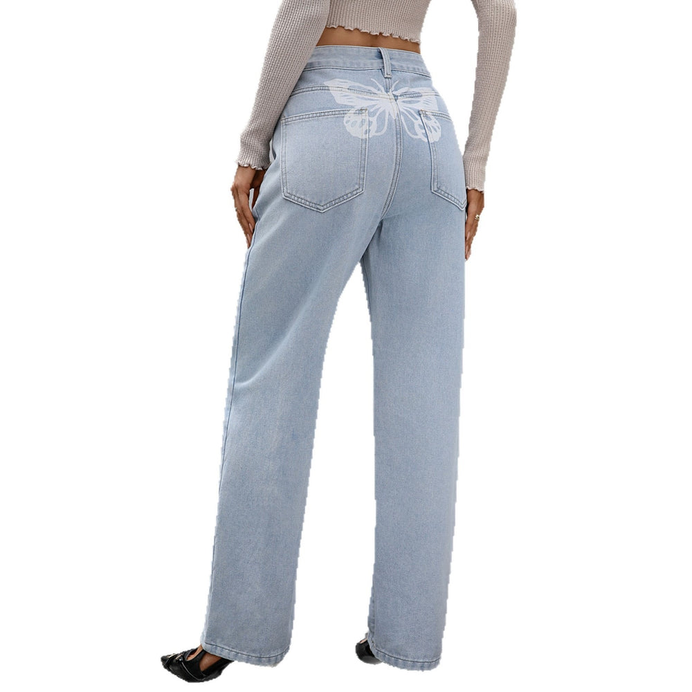 Fashion cross-border foreign trade  new style washed mid-waist straight-leg pants  butterfly printed jeans women's pants