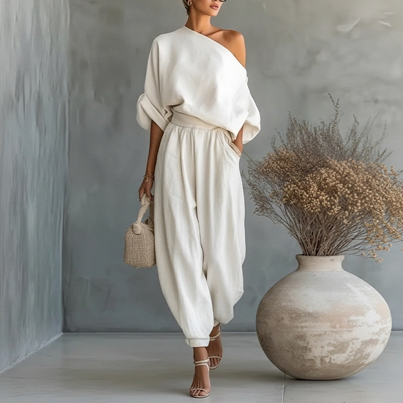european and american cross-border women's summer outfit set: new casual loose off-shoulder top and wide-leg lantern pants two-piece set