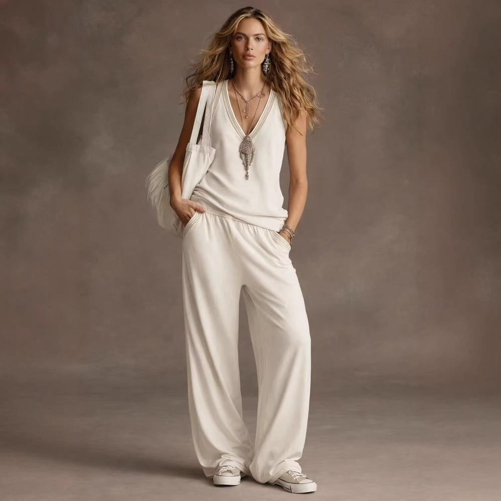 Fashion cross-border independent station new arrival vest v neck sleeveless loose pants suitloose drapedcasualtwo-piece set for women