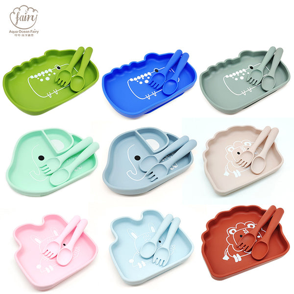 Wholesale crocodile shape infant plate baby complementary food tableware food grade silicone cartoon children's tableware set