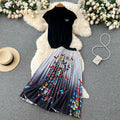 Vintage chic women's summer set: high-end design sleeveless blouse top + pleated maxi skirt two-piece outfit