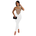 C7168 cross-border   fashion women's solid color mesh rhinestone pants jumpsuit new arrival