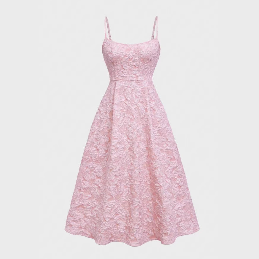 cross-border french pink camisole lace-up waist maxi dress