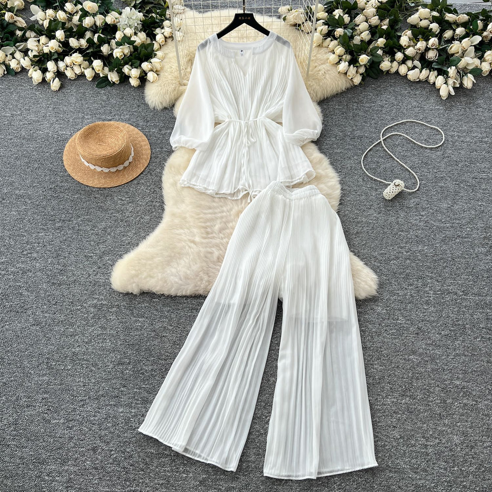 spring two-piece set for women: ruched v-neck tie-waist lantern sleeve top + high-waisted pleated wide-leg cropped pants
