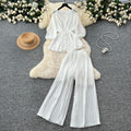 spring two-piece set for women: ruched v-neck tie-waist lantern sleeve top + high-waisted pleated wide-leg cropped pants