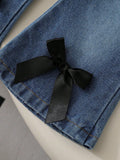 Spring/summer girls' versatile sweatshirt with bow print detail, long sleeve top + solid black pants
