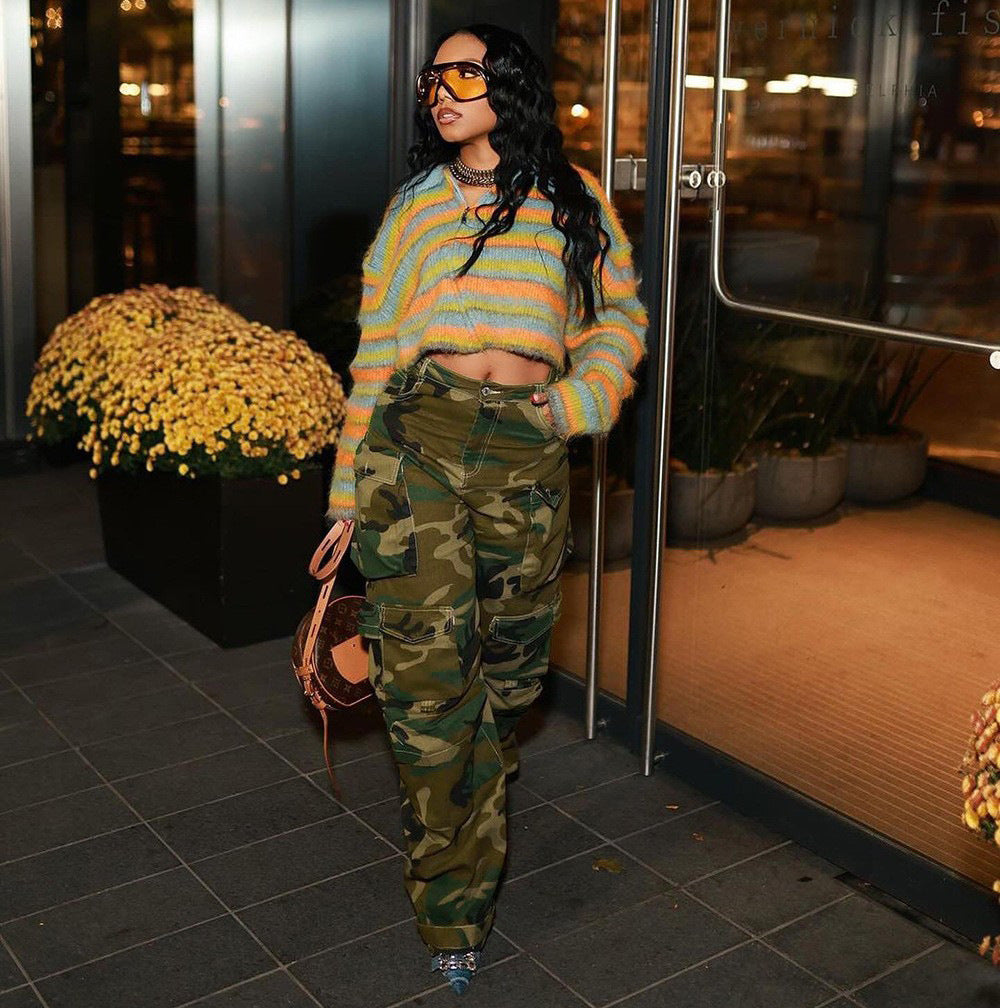 European and american style camouflage pants -  cross-border women's winter new arrivals - street fashion multi-pocket straight-leg jeans