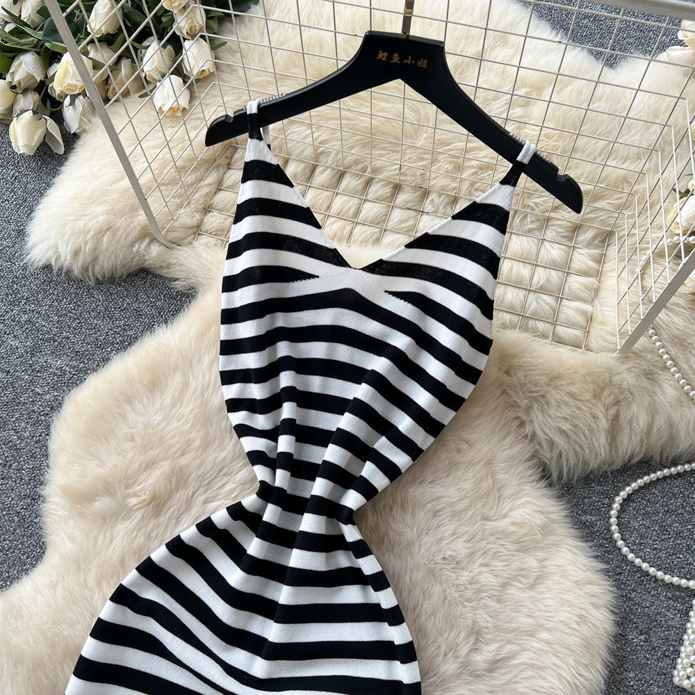 Lazy stripes suspender sleeveless dress women's summerknitting silmslimming lookelegant long skirt work clothing outfit