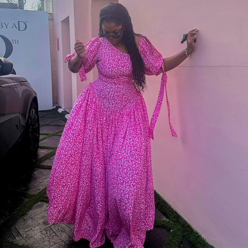 European and american cross-border women's clothing:  summer new arrival - fresh, sweet, asymmetrical neck tie-up slimming floral maxi dress