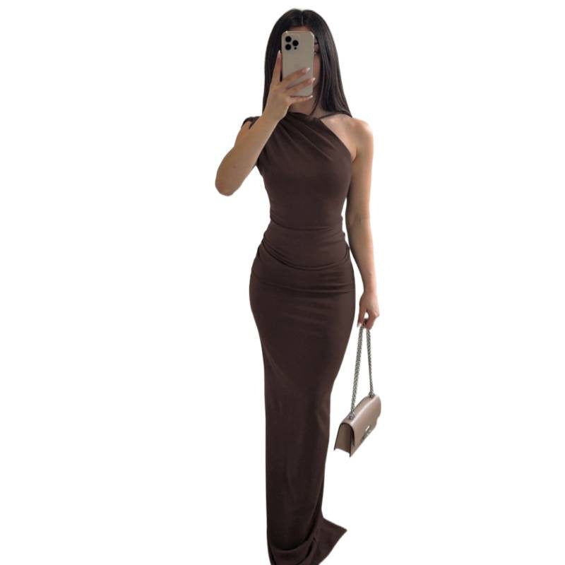 European and american women's clothing  spring new arrival: elegant solid color one-shoulder sleeveless bodycon ruched panel bodycon dress