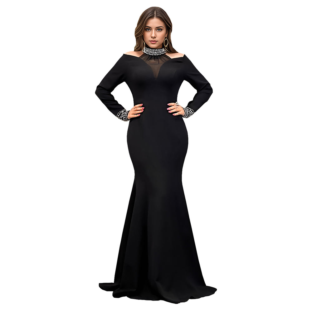 C7270 cross-border   fashion women's elegant slim-fit sleeveless rhinestone solid color dress