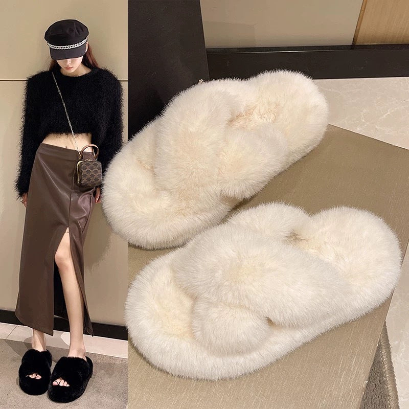 Insclassy furry slippers 2024new arrival women's outwear autumn winternetizenk-stylefashion home cross shoes