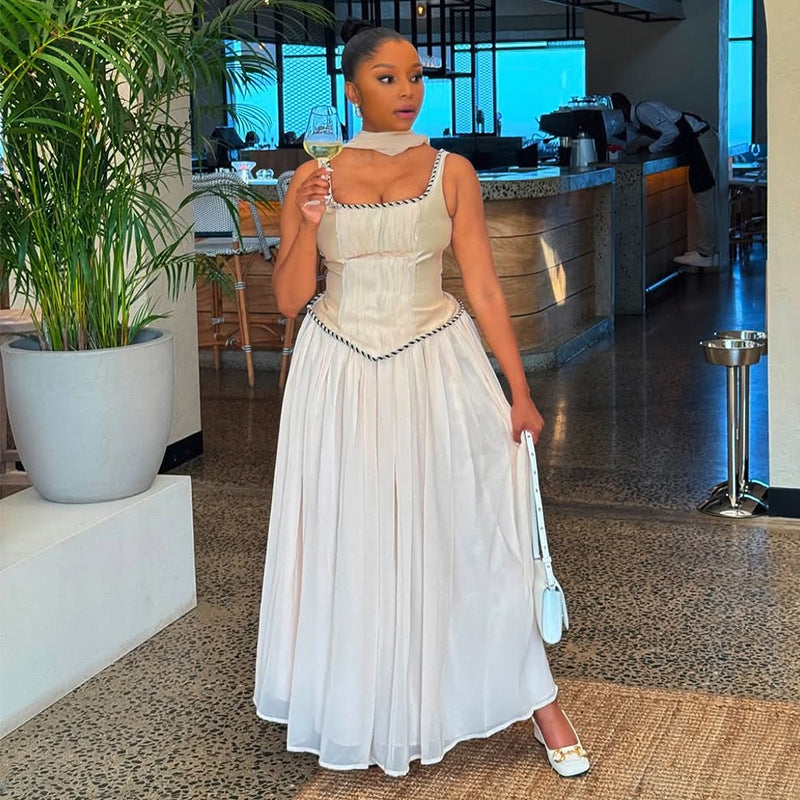 European and american women's clothing  summer new sweet and fresh u-neck high-waisted slimming a-line maxi dress