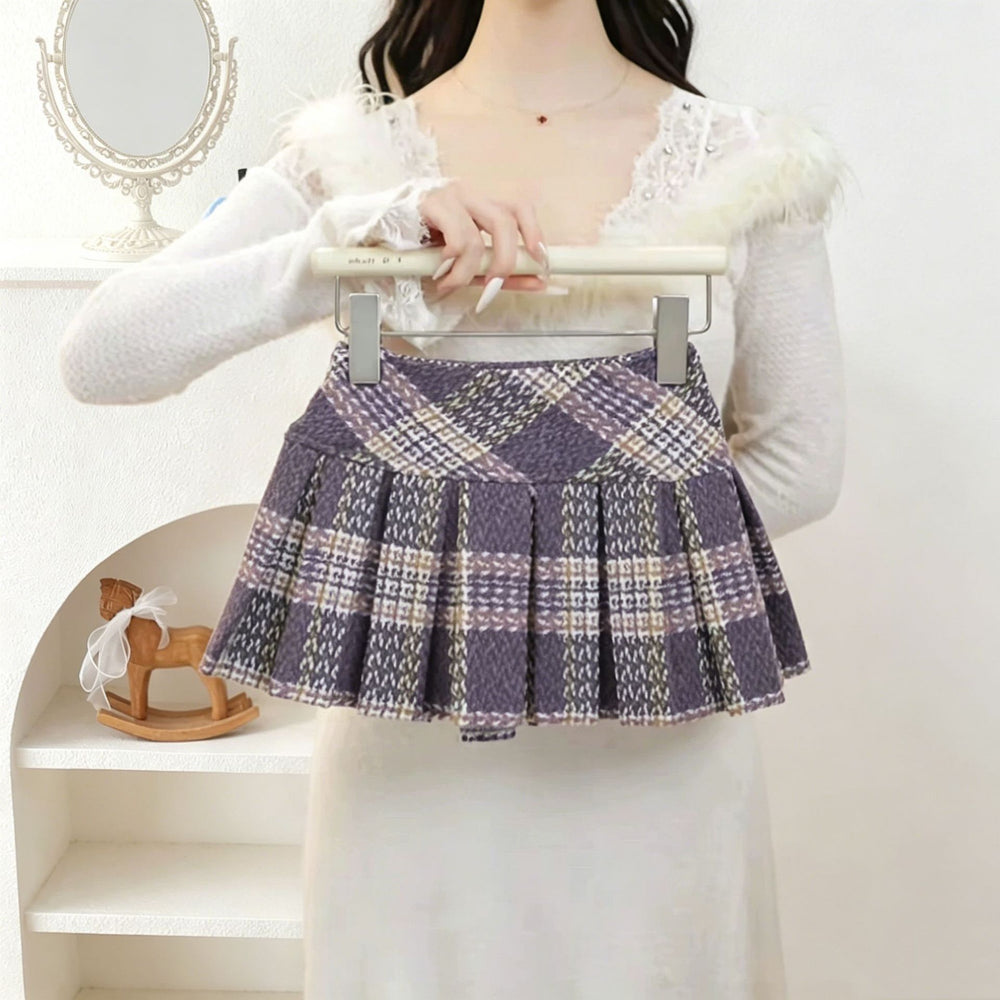 Girls' sweater set - new  winter collection: pink faux fur collar cardigan & wool blend plaid skirt two-piece set