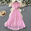 French style lace embroidery a-line dress - women's summer short sleeve high waist slimming elegant maxi dress