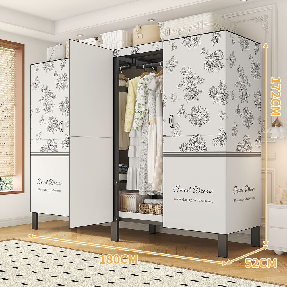 Easy-to-assemble, foldable wardrobe for bedrooms, ideal for home use or rental properties. dustproof, moisture-proof, with reinforced construction, fully sealed, and mildew-resistant. features a convenient swing-out door