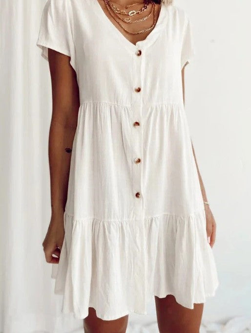 summer cotton linen white loose waist solid color short skirt slimming cotton dress