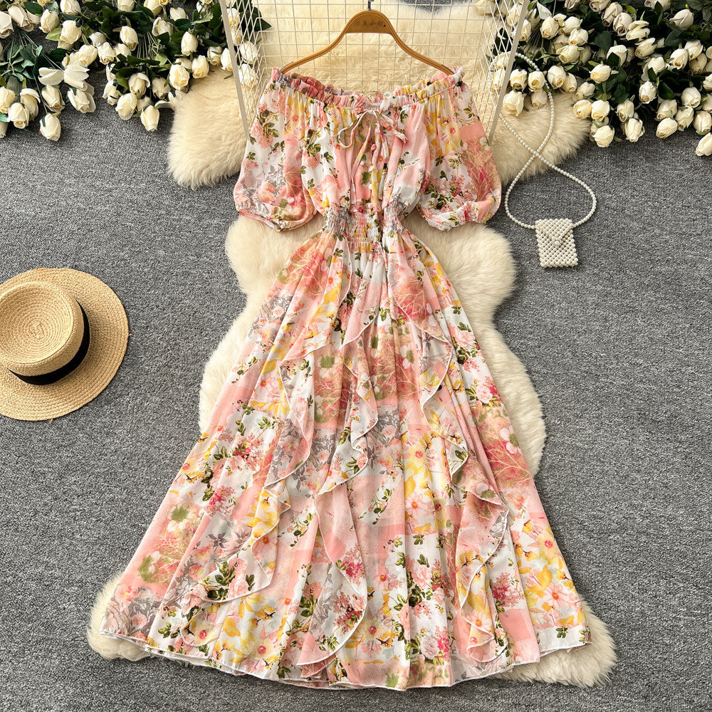 K-style floral dress for women, summer v neck, short-sleeved waist, a-line long skirt, holiday style elegant skirt