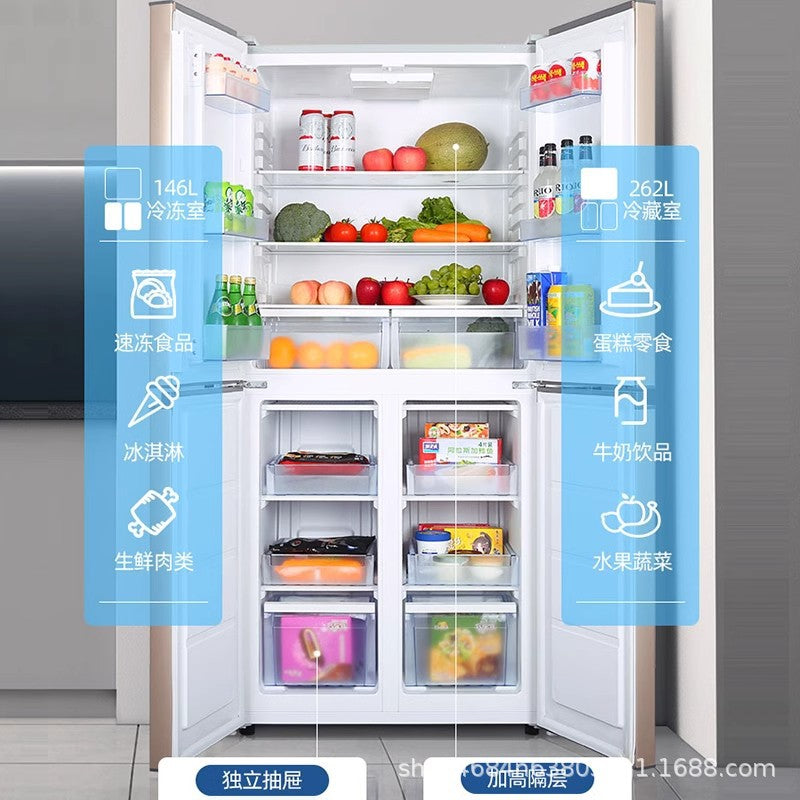 Brand new, authentic royalstar 408-liter four-door french door refrigerator. features a super-large capacity, tier 1 energy efficiency, energy-saving, and low noise operation