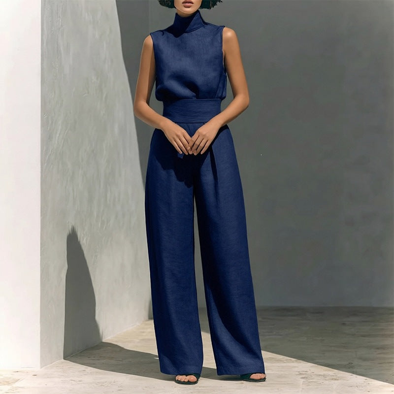 summer new women's clothing: cross-border european and american style, fashionable and elegant solid color high neck sleeveless straight-leg pants set