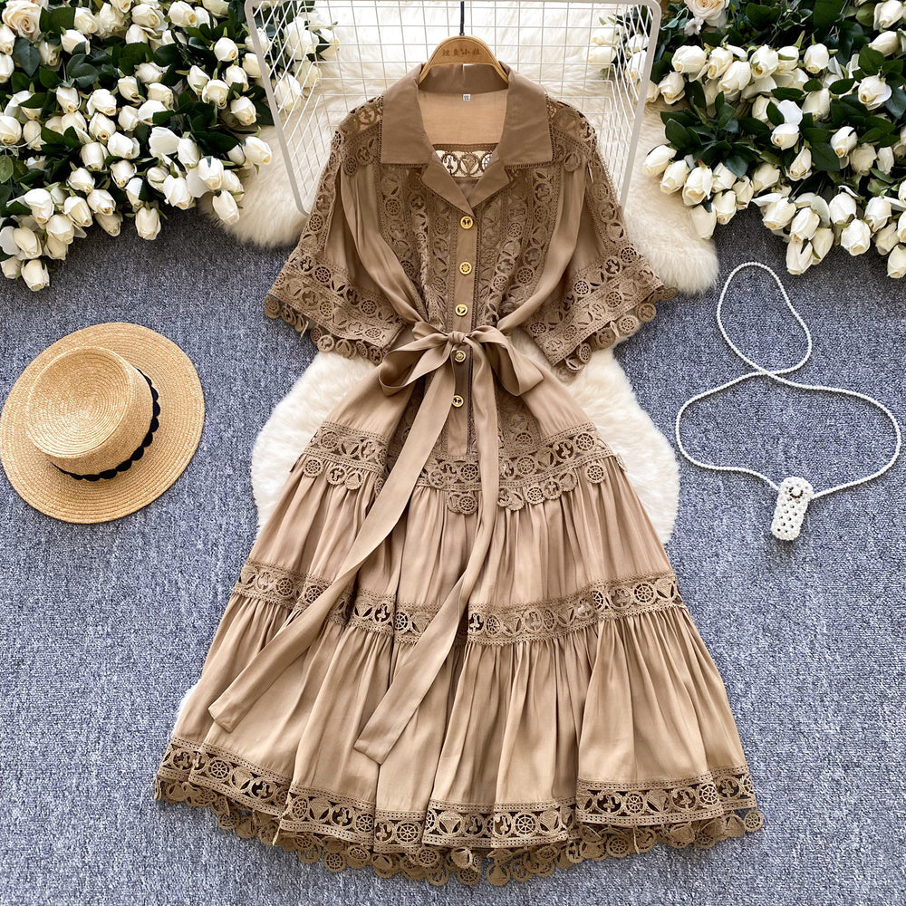 French court style hollow-out lace patchwork turn-down collar short sleeve dress - women's tie-waist elegant midi swing dress