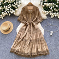 French court style hollow-out lace patchwork turn-down collar short sleeve dress - women's tie-waist elegant midi swing dress