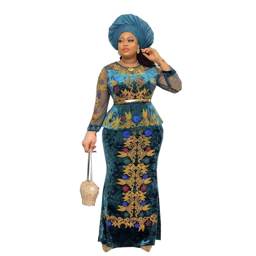 supply new arrival gold velvet + mesh patchwork pure color hot diamond hip-covering long skirt with belt but not headscarf