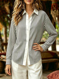 classic vertical striped shirt - white panel placket, turn-down collar, relaxed fit, drop shoulder, versatile long sleeve casual top