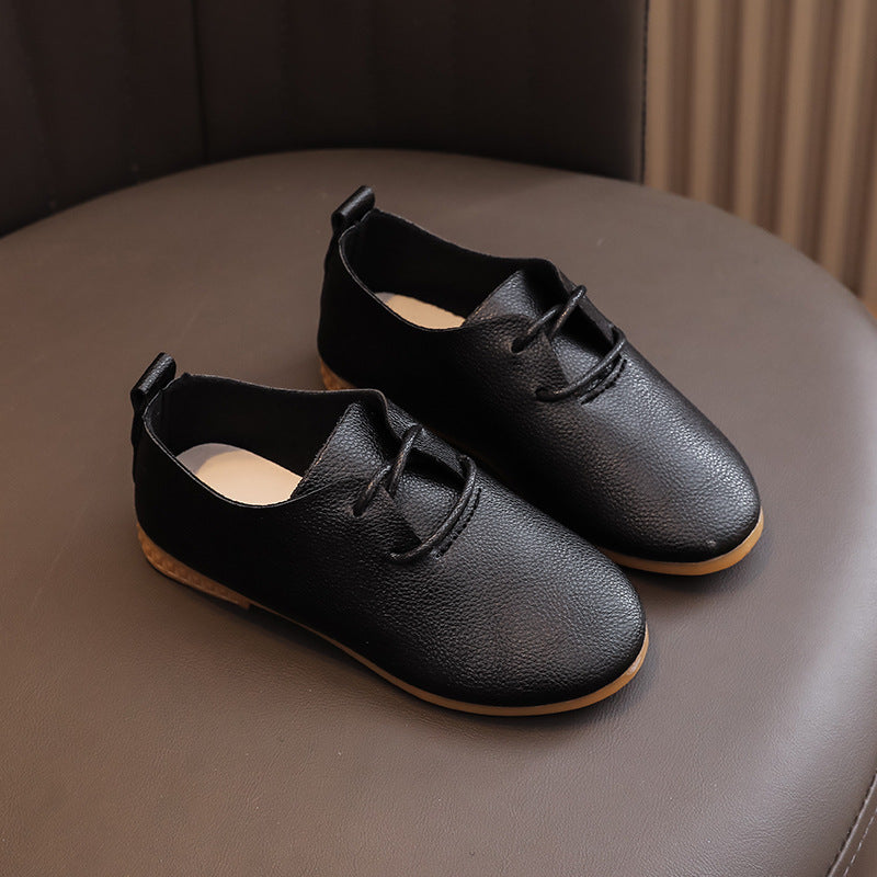 new autumn collection: low-top leather shoes for boys and girls - princess style, new british-inspired lace-up flats, baby black leather shoes