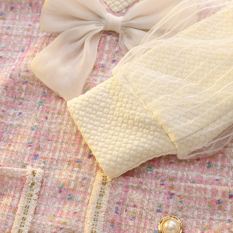 Girls' spring dress: sweet princess style with mesh, puff sleeves, round neck, bow detail, and chanel-inspired design