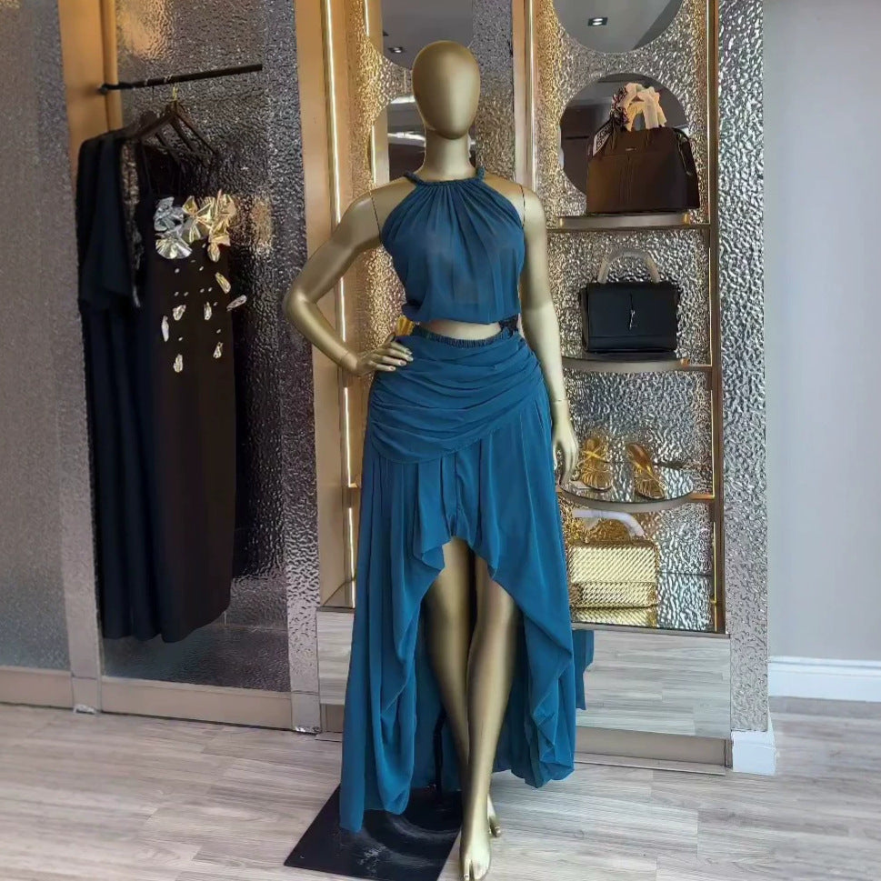European and american cross-border women's fashion:  summer new arrivals - sexy and elegant halter neck sleeveless top with pleated midi skirt set