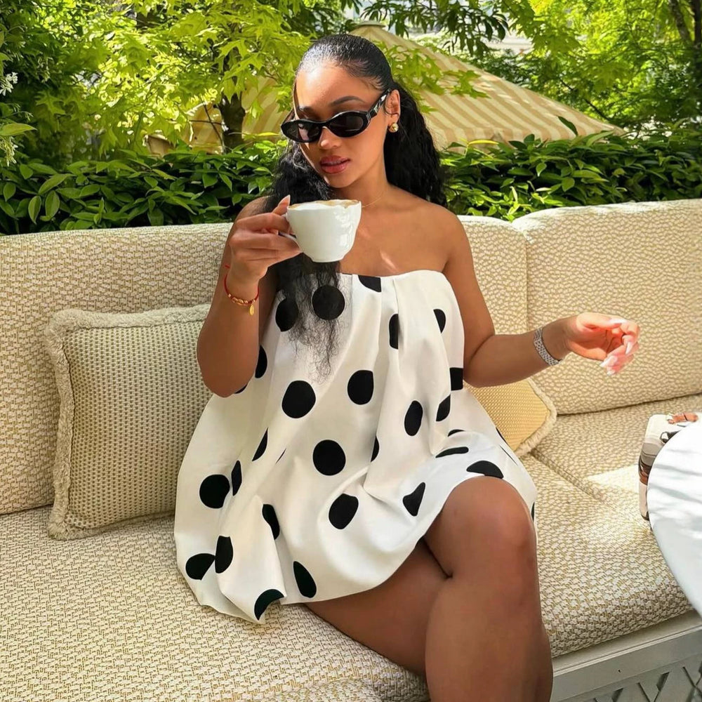 European and american women's clothing  autumn new collection: sweet and fresh polka dot bandeau dress with loose waist and mini skirt