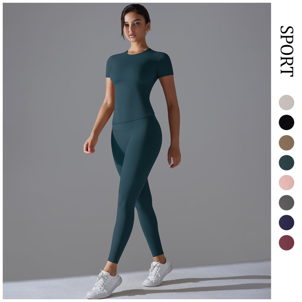 new nude feel compression short-sleeve yoga set - high-waisted, butt-lifting, quick-dry running & fitness activewear two-piece