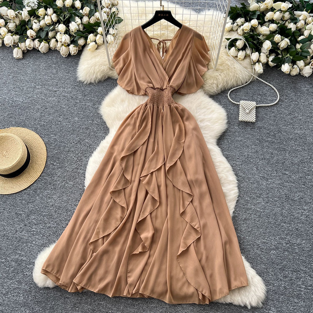 Summer women's niche design criss-cross v-neck flutter sleeve cinched waist chiffon dress - ethereal ruffle maxi dress